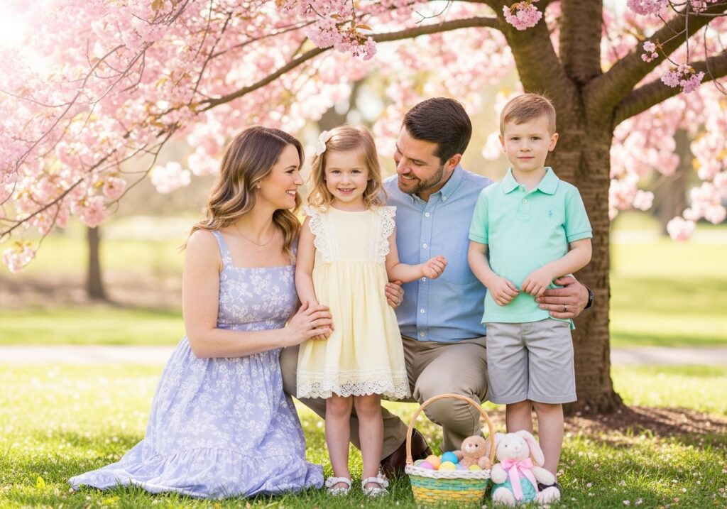 Matching family Easter outfits in coordinated pastel colors, styled outdoors for a bright spring celebration