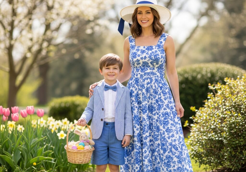 Matching mom and son Easter outfits in blue and white for a coordinated spring outfit idea