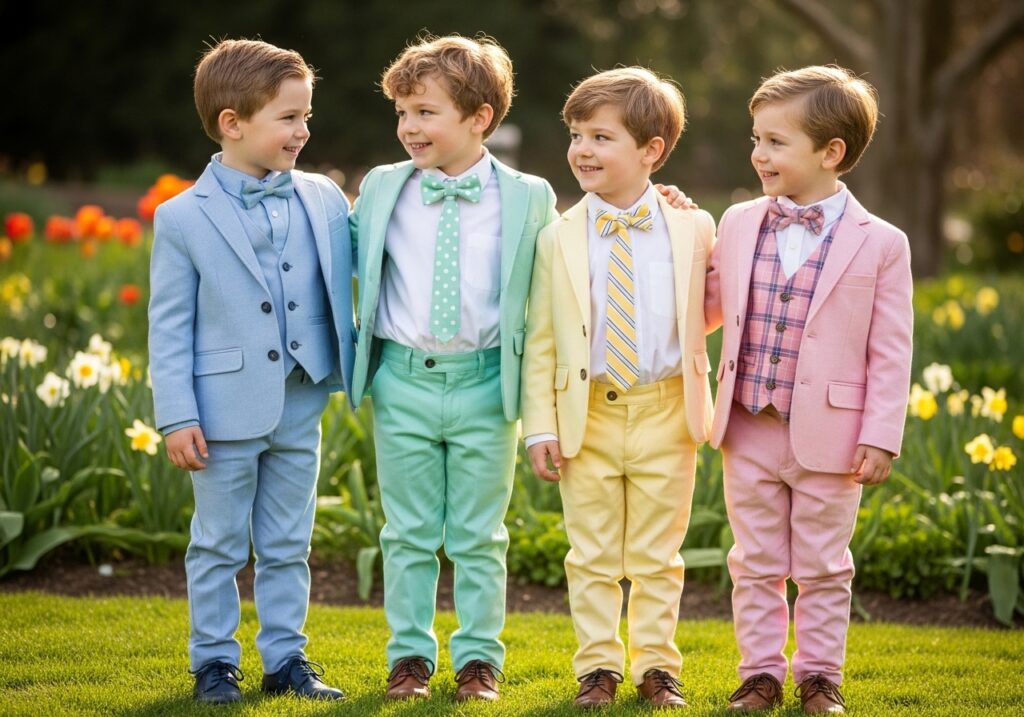 Easter outfit for boys featuring a formal pastel look with a stylish bow tie, perfect for spring celebrations