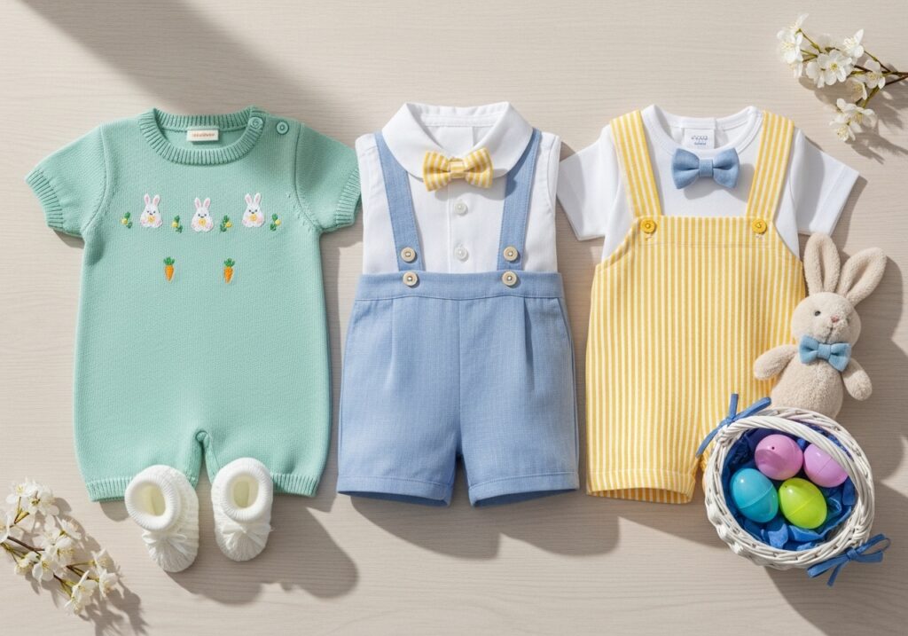 Adorable Easter baby boy outfit with a pastel romper and comfortable spring style
