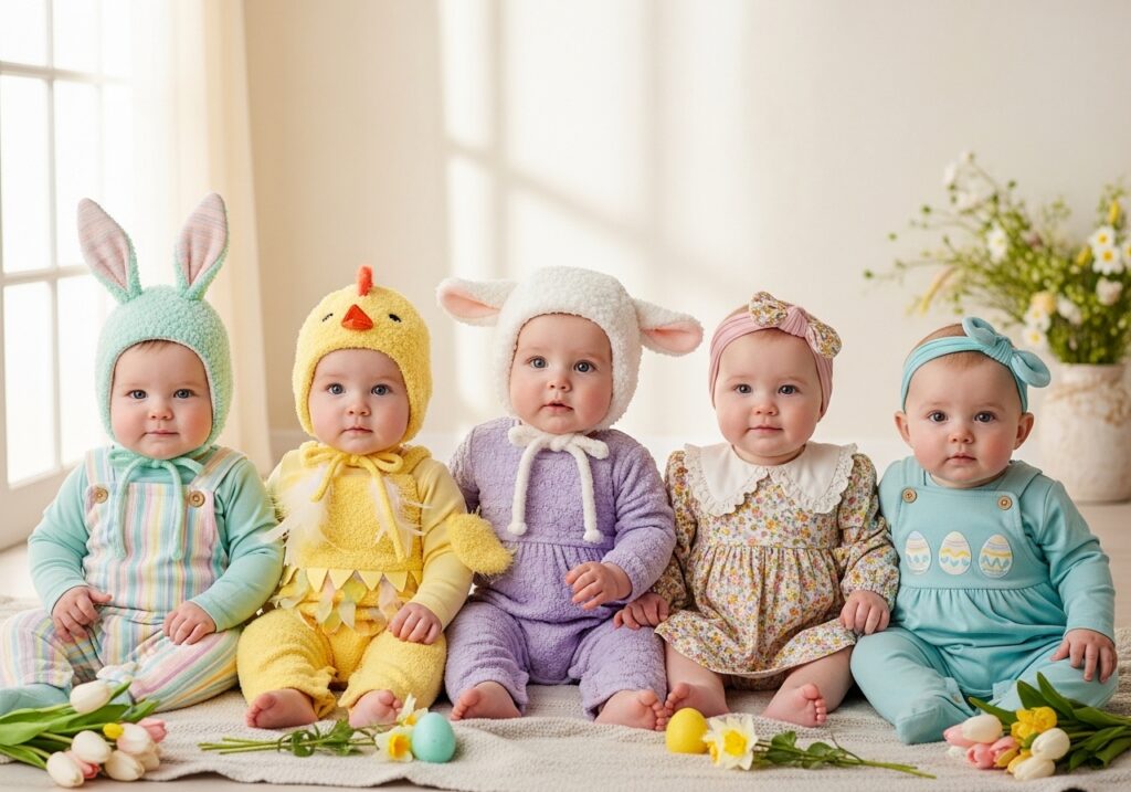 Cute baby Easter outfits in pastel colors styled for a sweet spring look