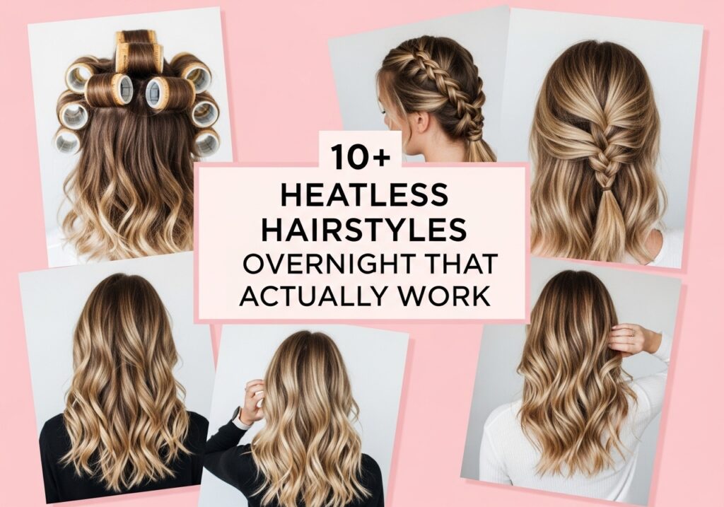 heatless hairstyles overnight collage showing sock curls braid waves and robe tie curls for long hair