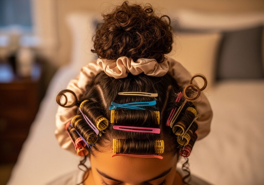 pineapple and pin curl method for refreshing curly hair overnight without heat