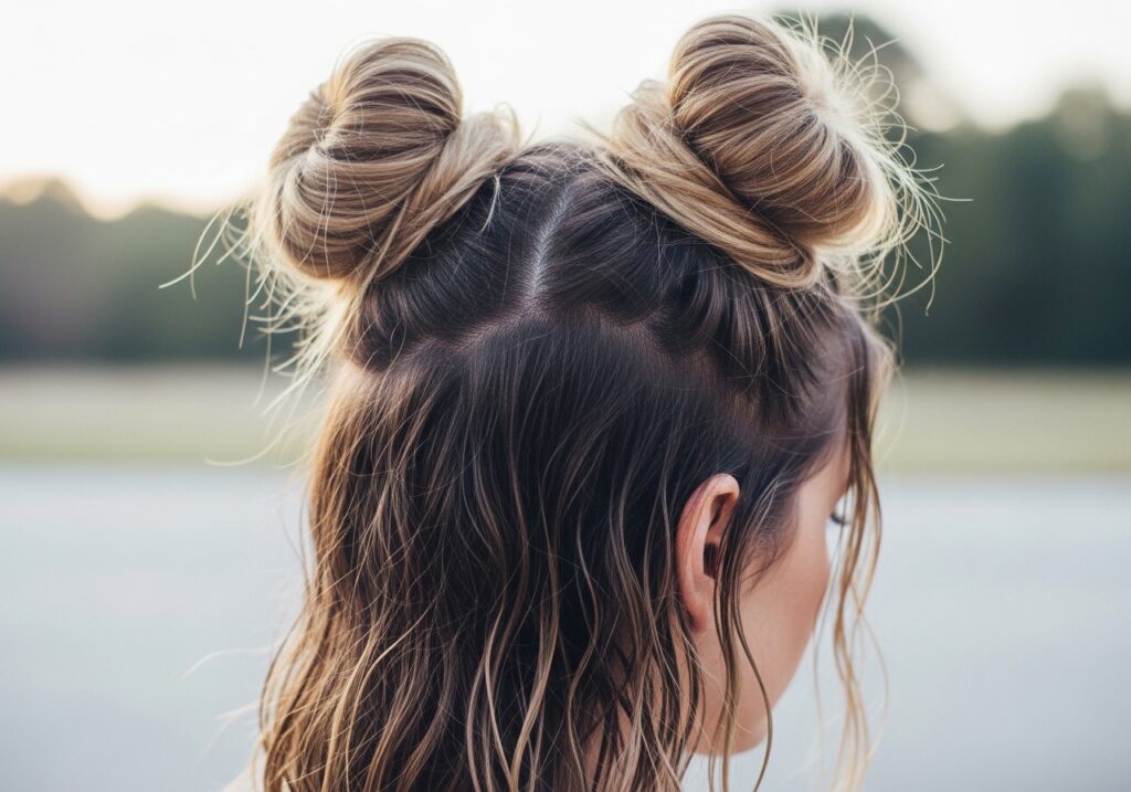 space buns overnight hairstyle for loose heatless waves on medium hair