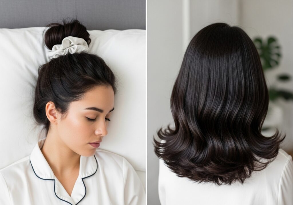 low bun heatless blowout hairstyle for smooth volume without heat