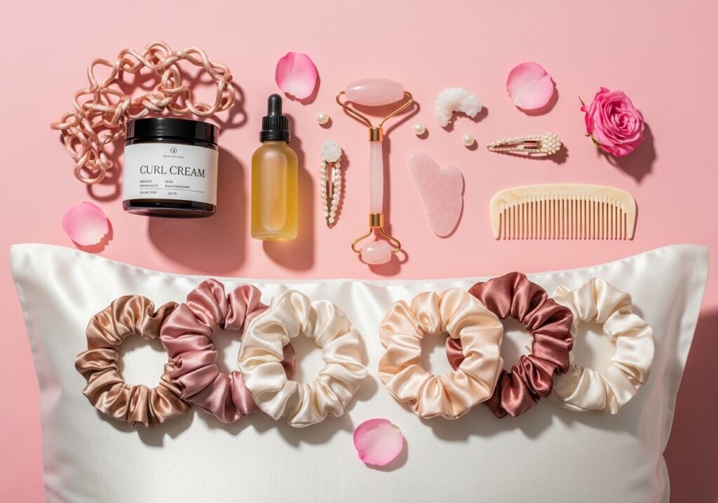 best products for heatless hairstyles overnigh including satin scrunchies silk pillowcase and curl cream