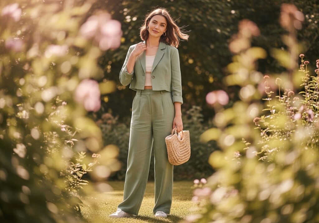 Woman wearing sage green linen co-ord set with wide-leg trousers and cropped blazer...