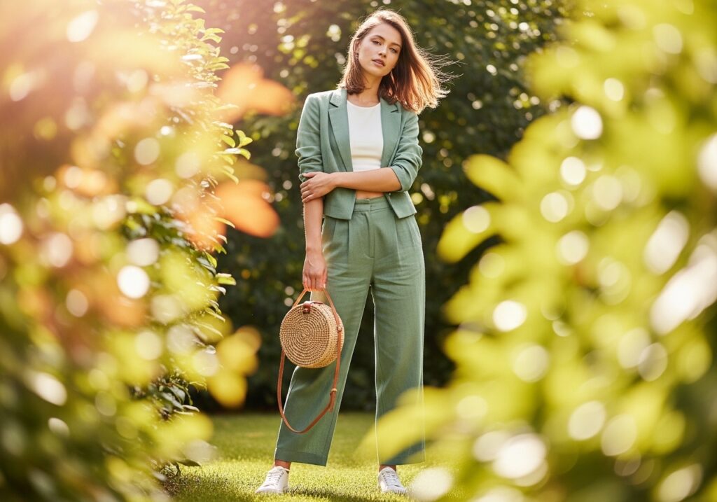 Woman wearing sage green linen co-ord set with wide-leg trousers and cropped blazer, styled with white sneakers and straw bag in a sunlit garden, trendy spring outfits 2026