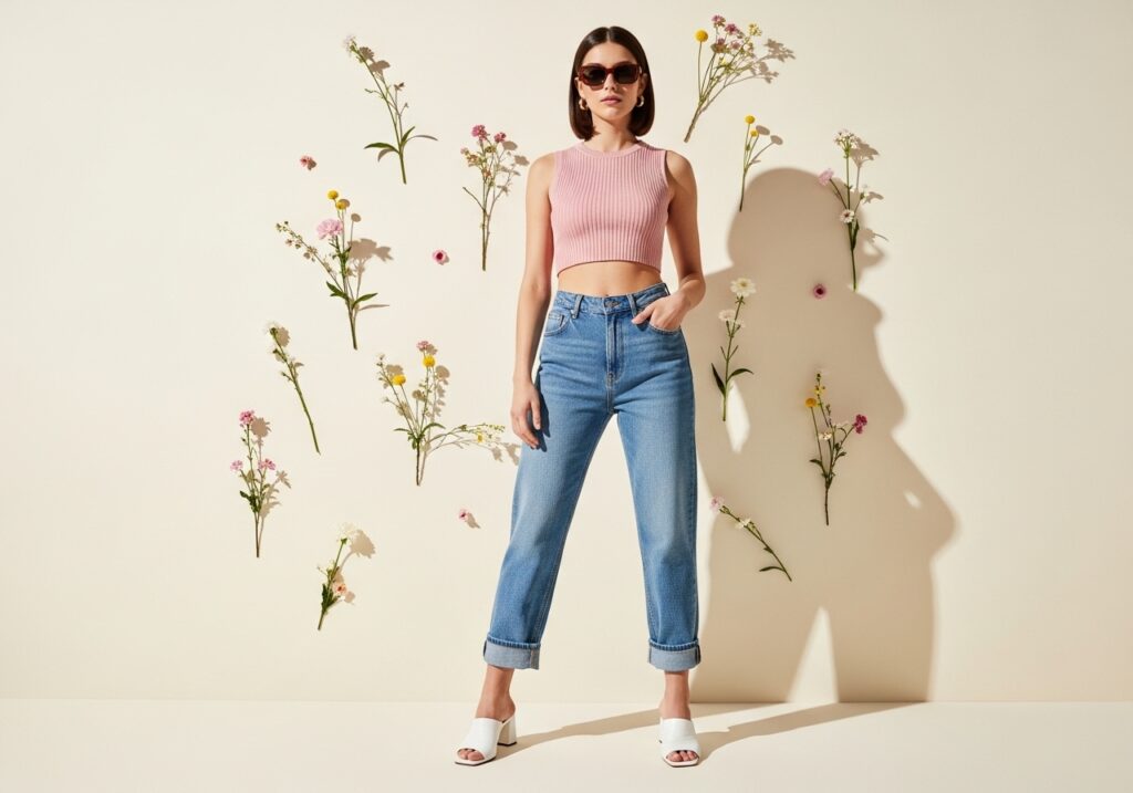 Light wash barrel jeans outfit with blush ribbed crop top and white leather mules, modern casual spring outfits for women 2026 aesthetic