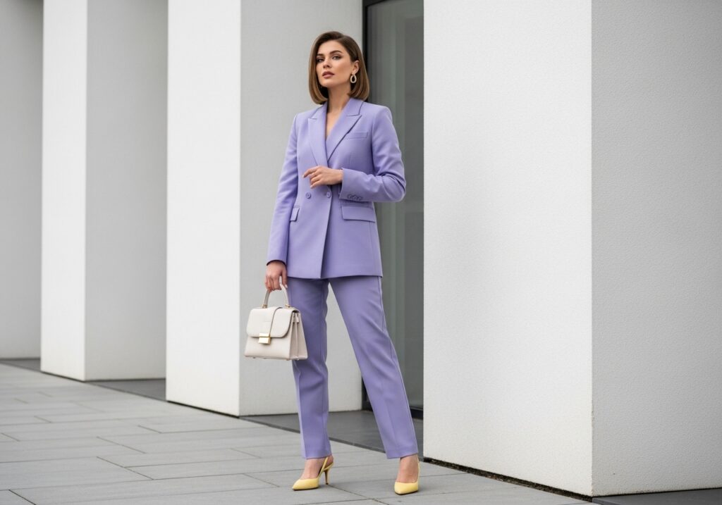 Lavender pastel blazer suit with tailored fit and kitten heels, elegant spring work outfit ideas for women 2026 minimalist fashion