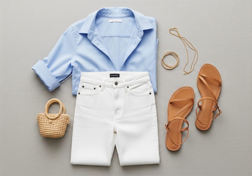 White jeans spring outfit flatlay with blue poplin shirt, tan sandals, gold jewelry and straw bag, minimalist spring capsule wardrobe ideas 2026