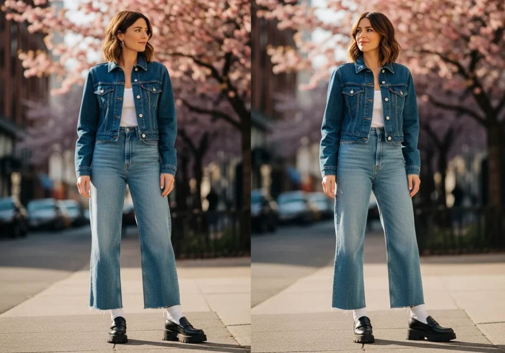 Denim on denim spring outfit with wide leg jeans and cropped jacket, white tank and chunky loafers, casual street style spring fashion 2026