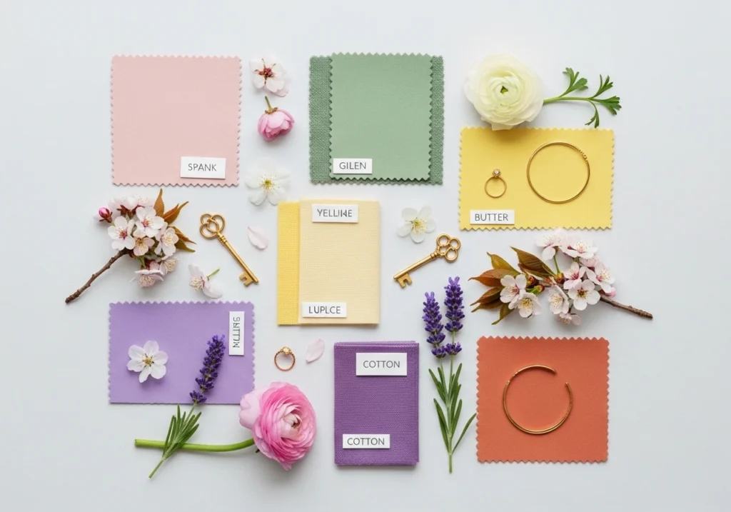 Spring 2026 color palette flatlay with blush, sage, butter yellow, lilac and terracotta tones, trending fashion color inspiration and styling ideas
