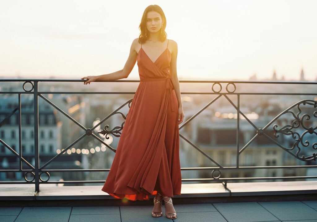 Terracotta silk wrap dress outfit with strappy heels at golden hour rooftop, elegant spring evening outfit ideas 2026 cinematic fashion