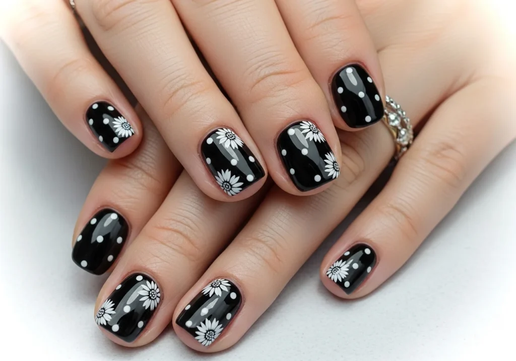 Short nails polka dot nail art, showcasing a cute and playful design.