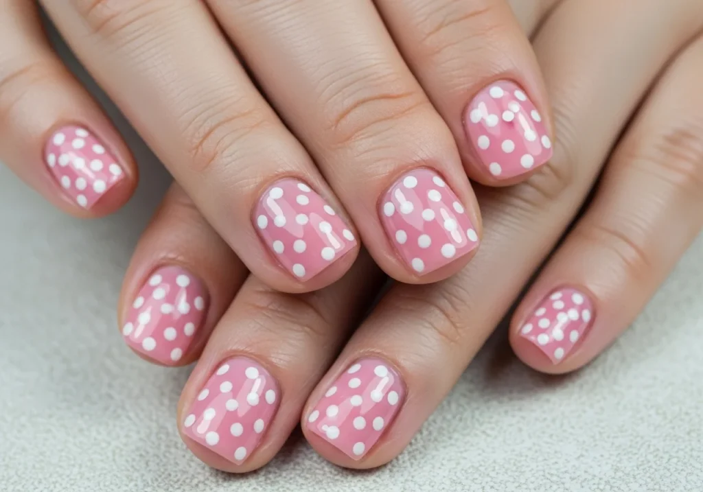 Short nails with pastel polka dot nail art, showcasing a cute and playful design.
