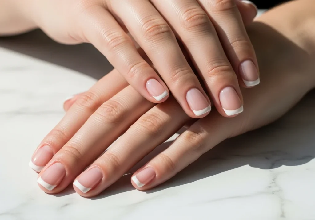 Short nails with classic French tip design, showcasing a chic and elegant look.