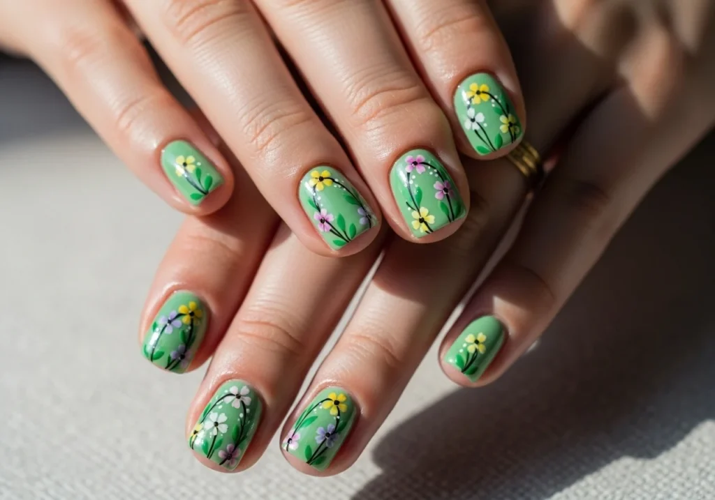 Short nails with delicate floral designs, showcasing cute and feminine nail art.