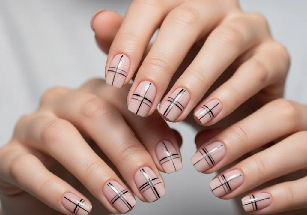 Short nails with thin minimalist lines, showcasing a modern and chic nail design.