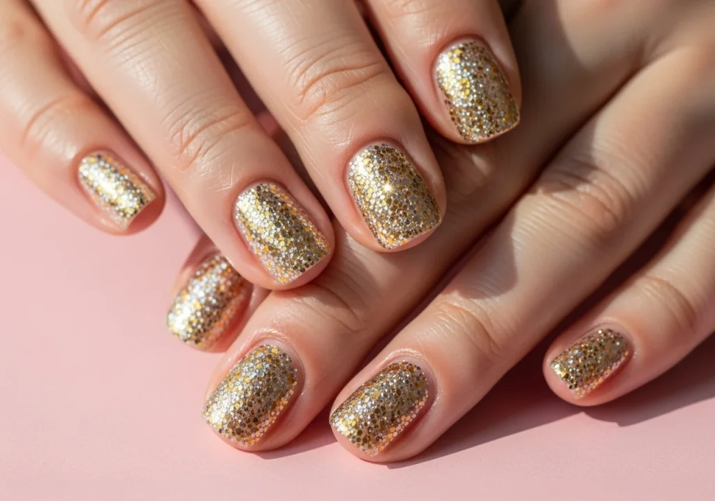 Short nails with glitter nail art, creating a sparkly and eye-catching design.