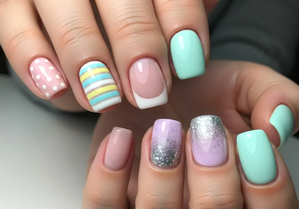 Close-up of short nails painted in pastel colors with simple beginner-friendly designs, including polka dots, thin stripes, French tips, and a glitter gradient.