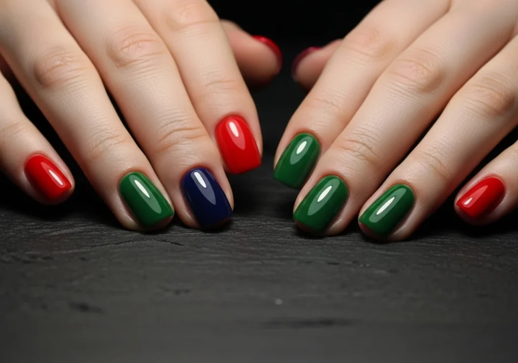 Short nails painted in bold colors including red, navy blue, and deep green, showcasing a dramatic and stylish manicure.