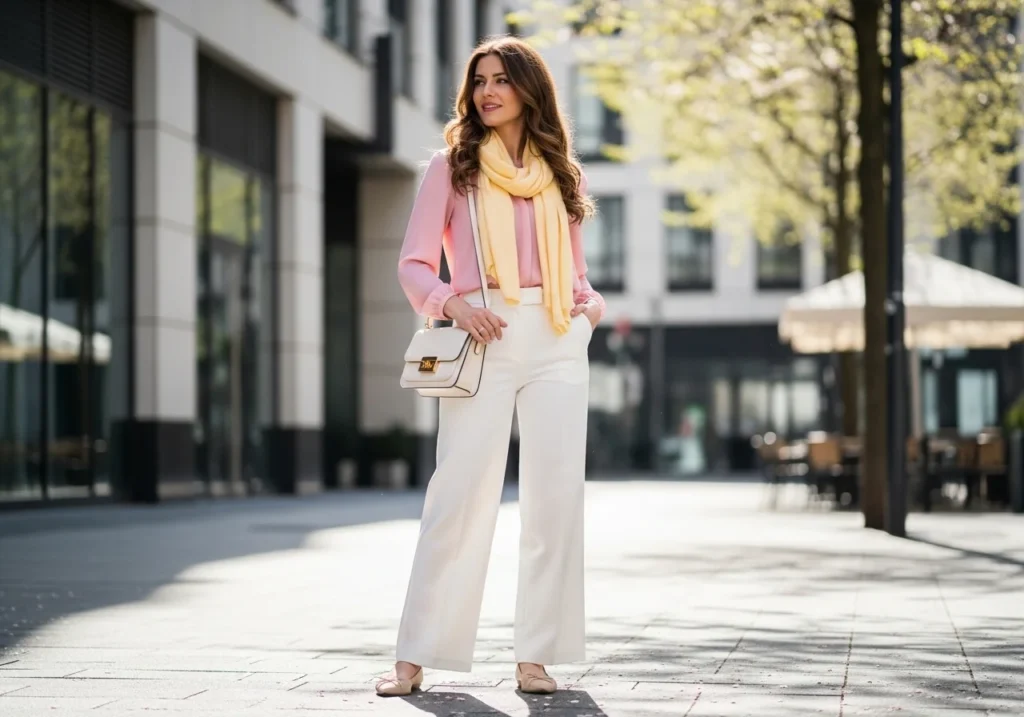 Woman wearing a classy spring outfit with a pastel blouse and white trousers, representing chic and elegant spring style.