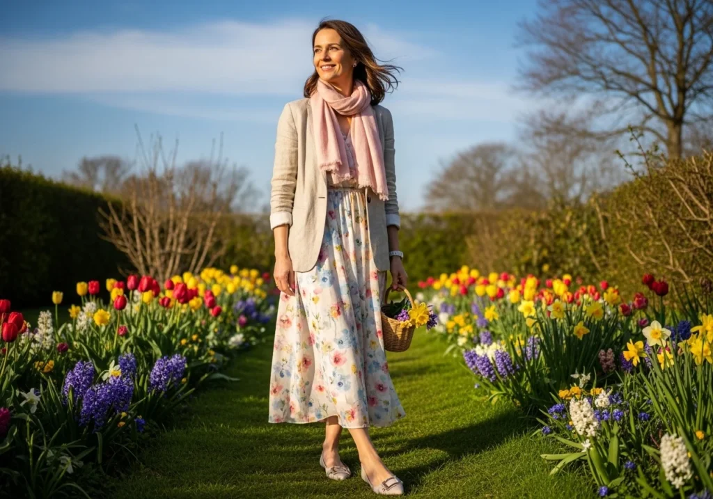 Woman wearing layered spring outfit with a light blazer over a floral dress, illustrating elegant and comfortable spring style.