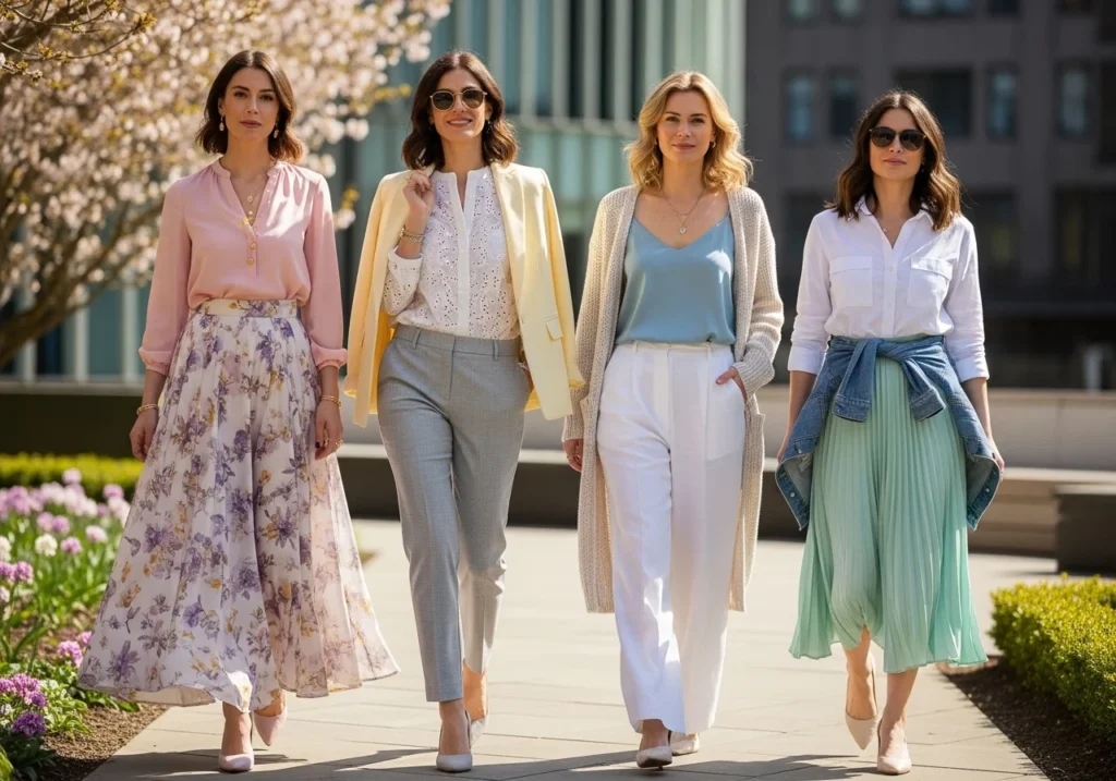 Women wearing classy spring outfits including pastel tops, skirts, and light jackets, illustrating chic and elegant spring style.