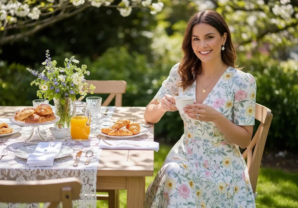 Woman wearing a floral midi dress at a spring brunch, showcasing a chic and elegant daytime outfit.