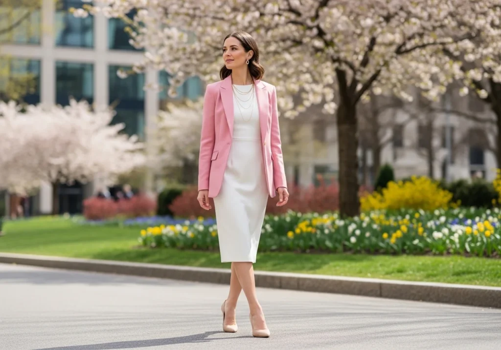Woman wearing an elegant spring outfit with a pastel blazer and sleek dress, showcasing a chic and polished spring fashion look.
