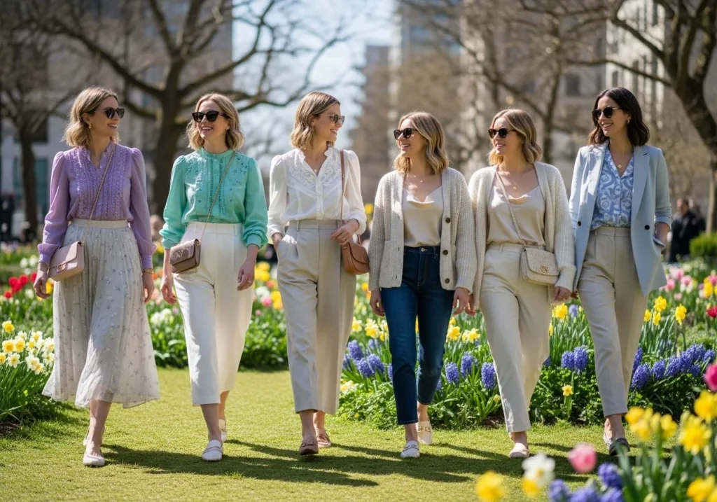 Women wearing chic spring outfits including pastel tops, skirts, and cardigans, illustrating stylish and elegant spring fashion.