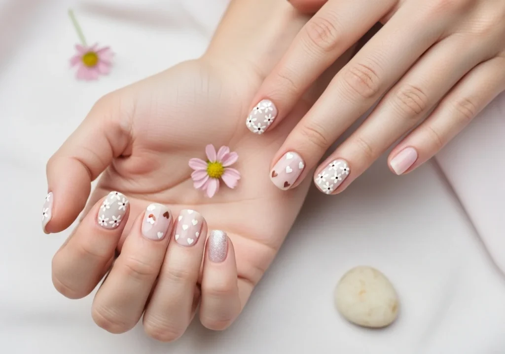 Cute short nail designs in pastel shades with minimalist floral and heart patterns.