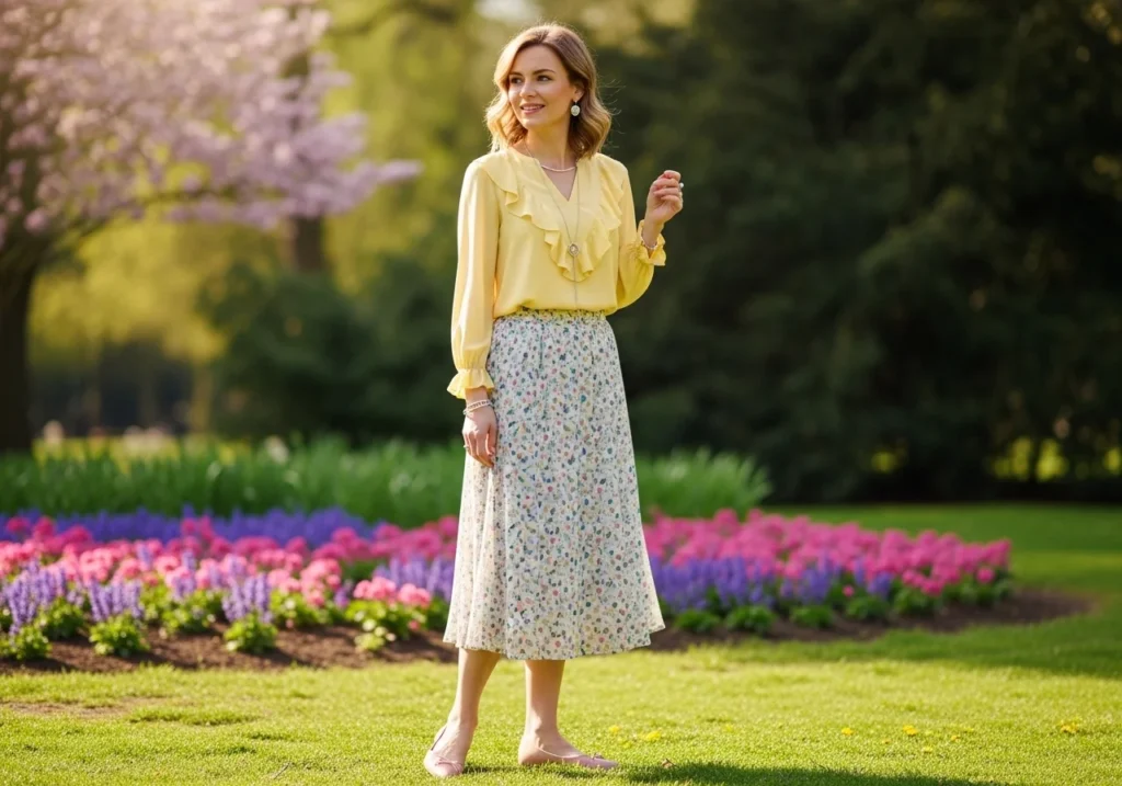 Woman wearing a chic spring outfit with pastel colors and minimal accessories, illustrating classy and elegant spring fashion for the season.