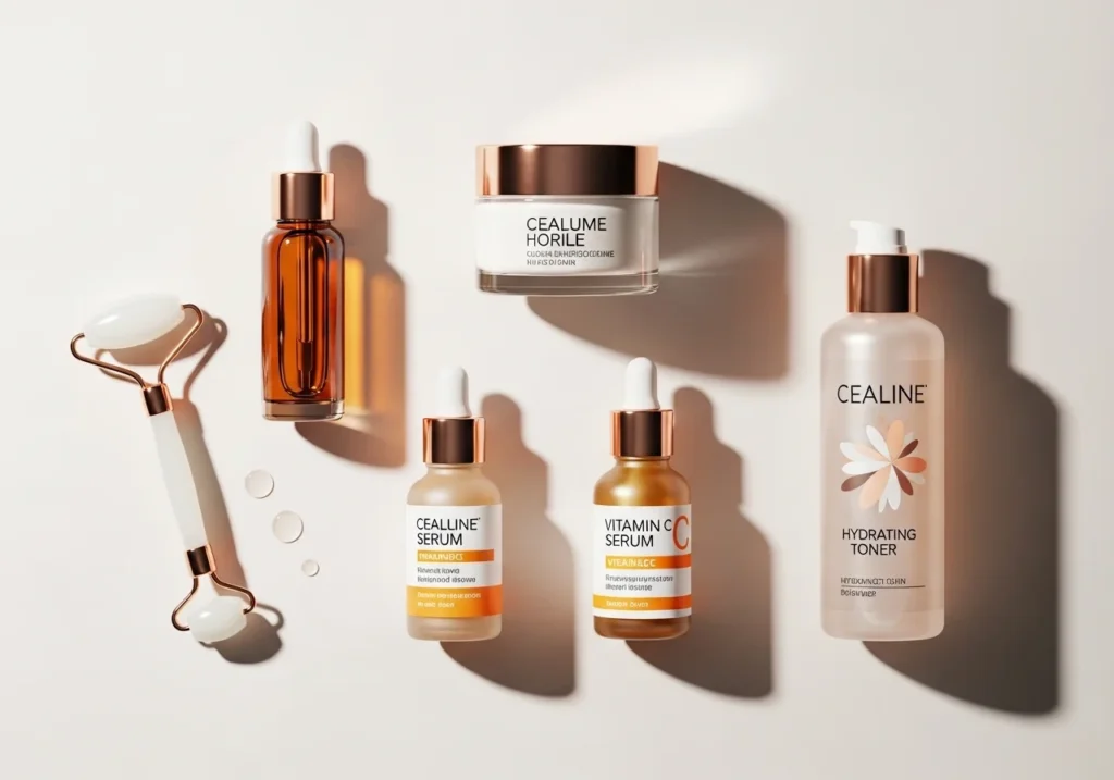 Flatlay of skincare products including serums, moisturizer, and facial roller arranged on a minimal background with soft natural lighting.