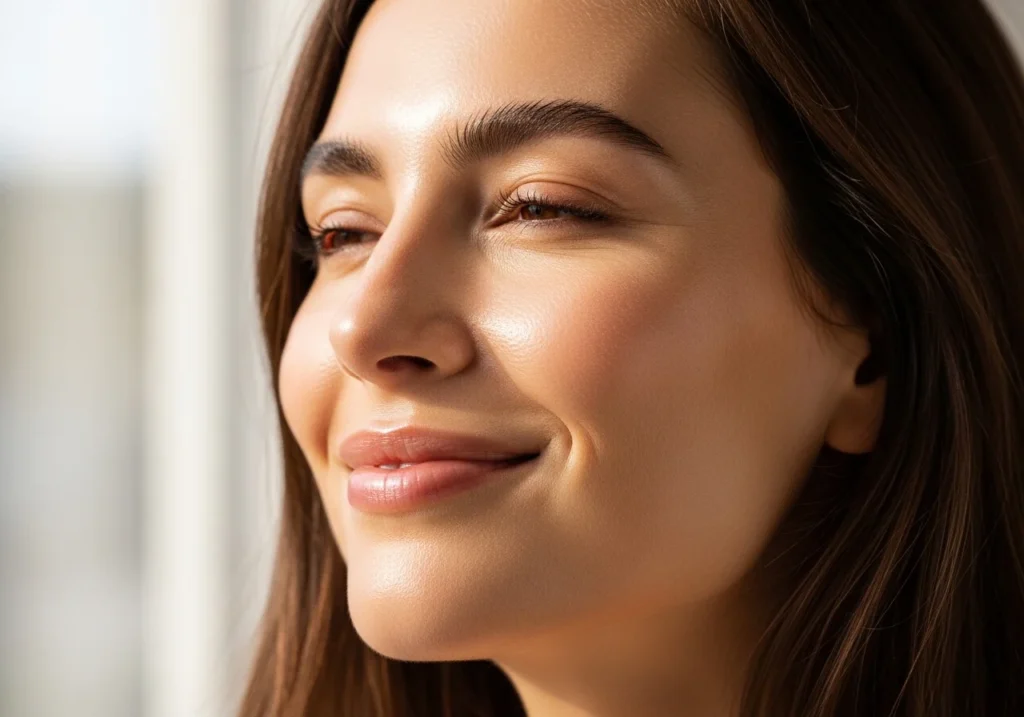 Close-up image of a woman with glowing, healthy skin smiling in soft natural lighting.