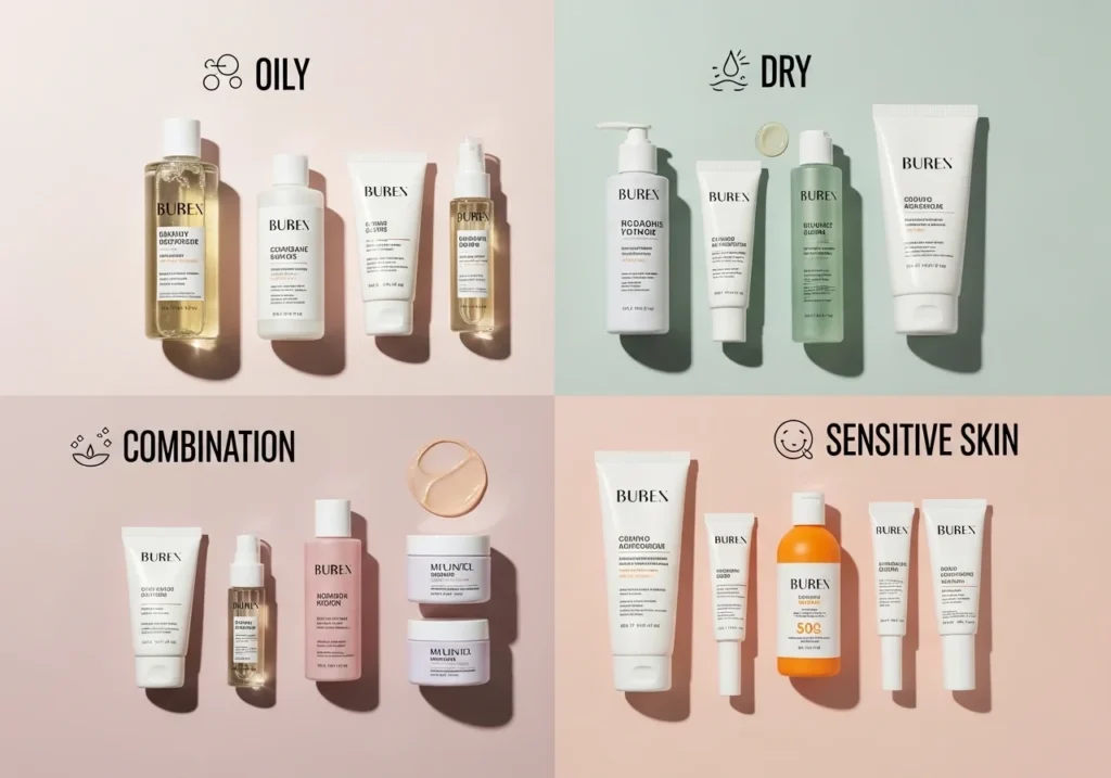 Skincare products arranged by skin type with labels or icons for oily, dry, combination, and sensitive skin on a clean background.