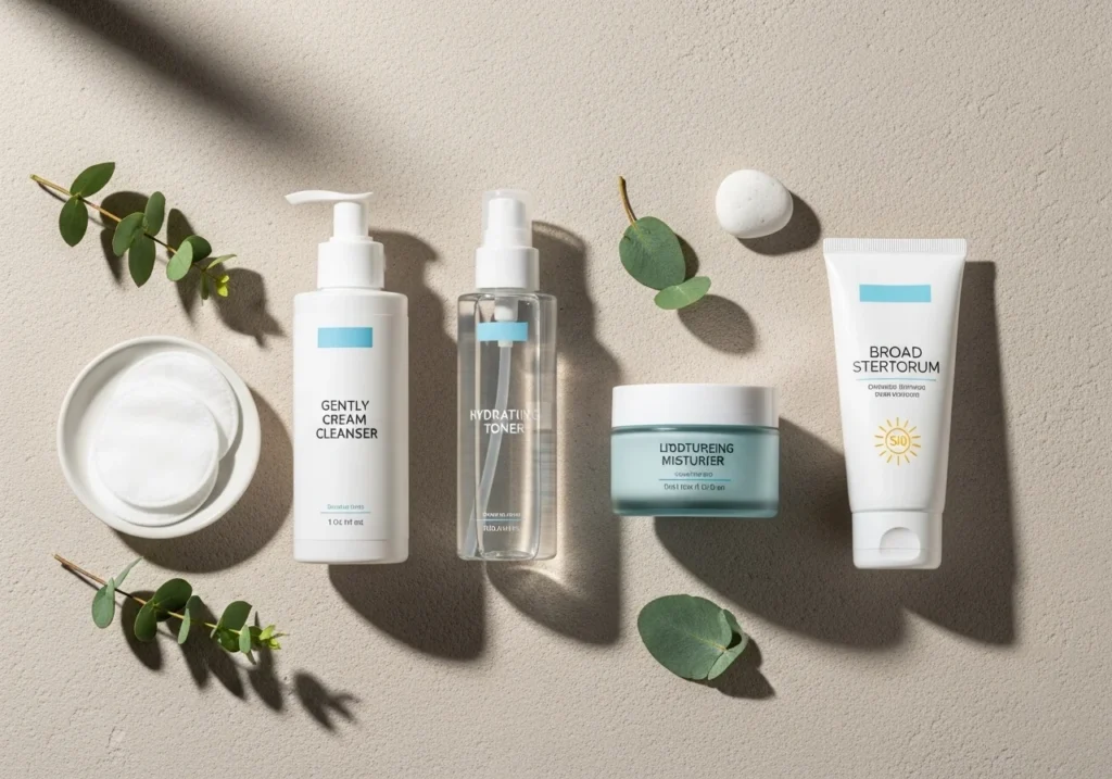 Flatlay of daily skincare routine essentials including cleanser, toner, moisturizer, and sunscreen on a minimal background with soft natural lighting.