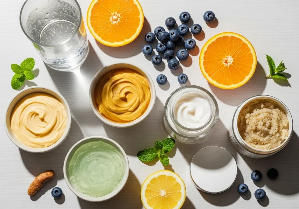 Flatlay showing skincare and healthy lifestyle items like water, fruits, face masks, moisturizer, and exfoliating scrub for glowing skin.