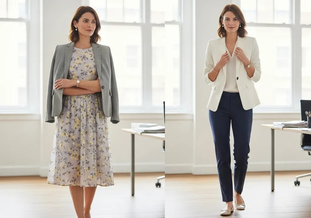 Woman wearing a pastel floral dress with a blazer or tailored trousers, illustrating stylish and professional spring office outfits.
