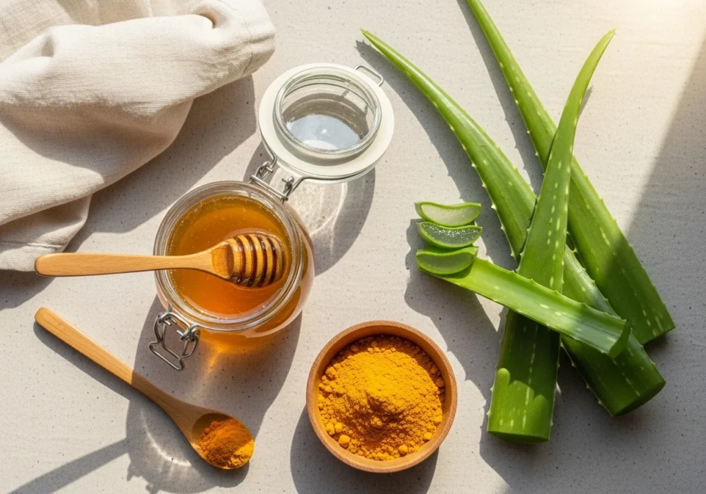 Flatlay of natural skincare ingredients including honey, fresh aloe vera, and turmeric for DIY home skincare remedies.