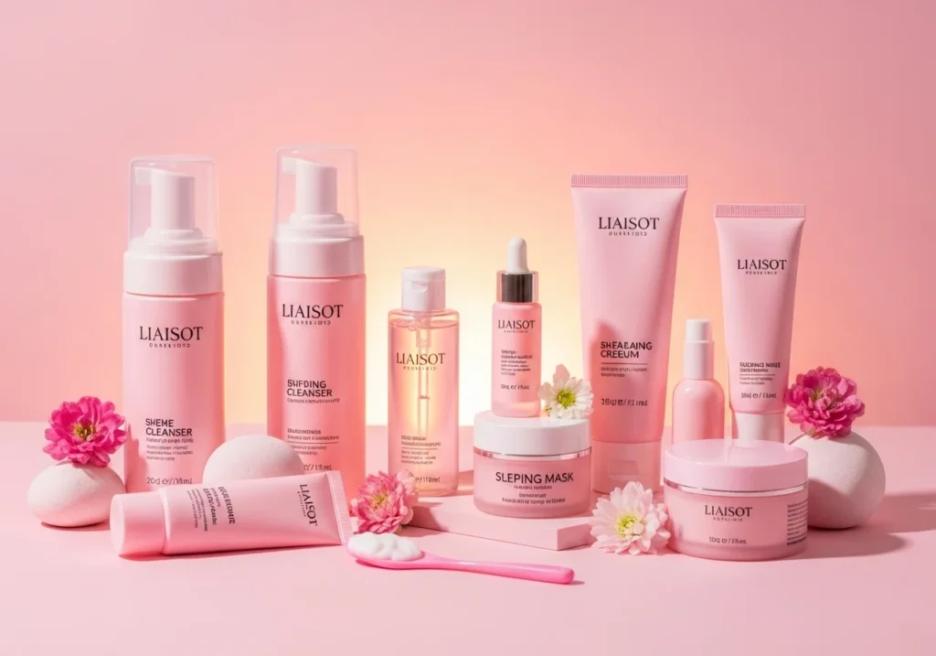 skincare flatlay featuring cleansers, toners, and moisturizers arranged aesthetically. Soft pink background, pastel pink bottles, glowing light, feminine and clean beauty setup, perfect for a skincare blog.