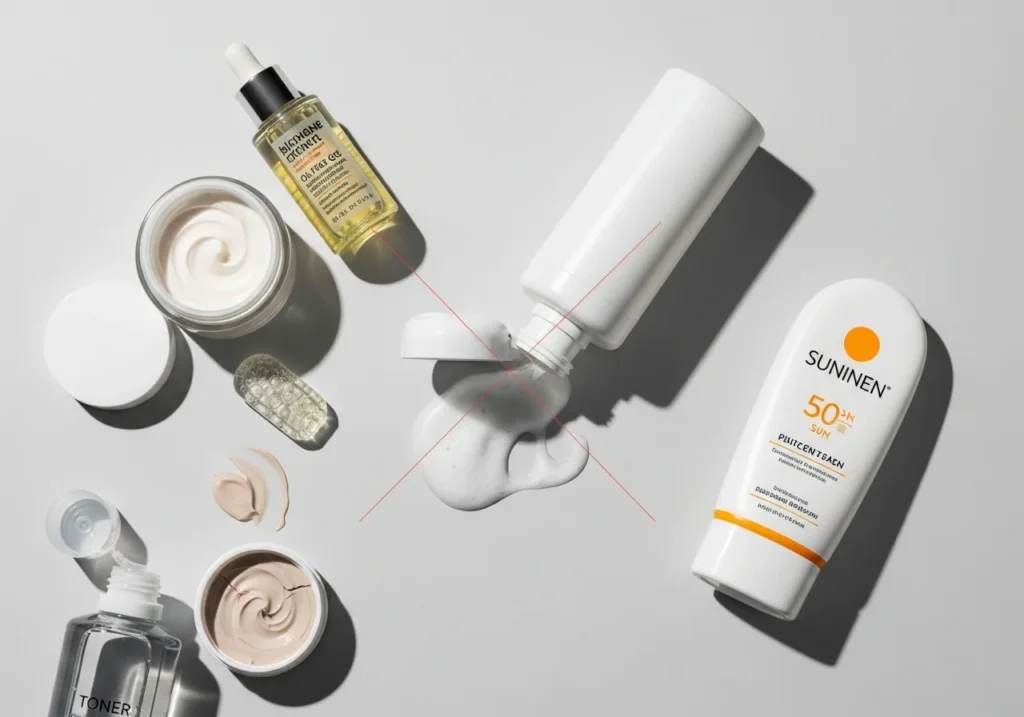 Flatlay depicting common skincare mistakes with spilled cleanser, sunscreen, and unsuitable skincare products on a clean background.