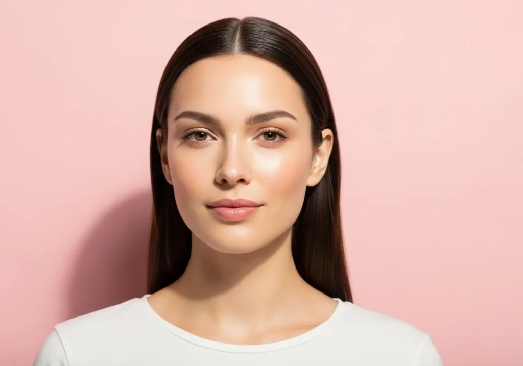 A woman with glowing skin against a soft pink background.”