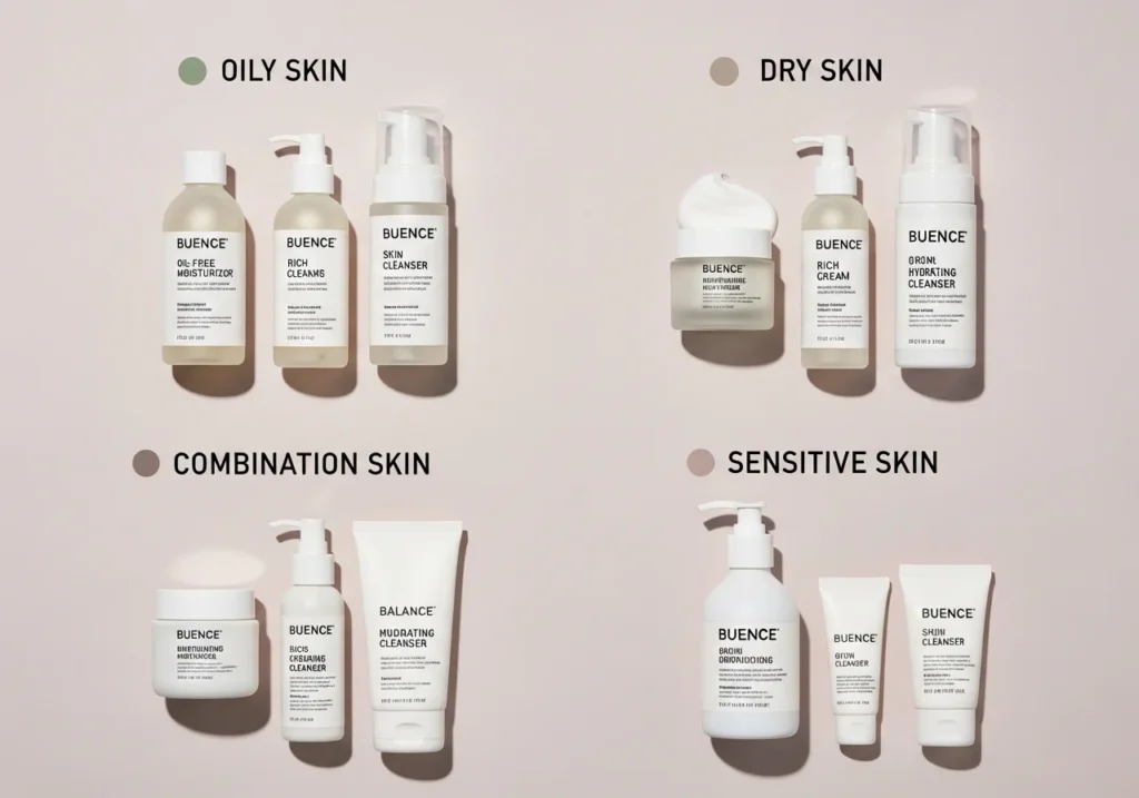 Flatlay of skincare products organized by skin type including oily, dry, combination, and sensitive skin essentials on a clean background.