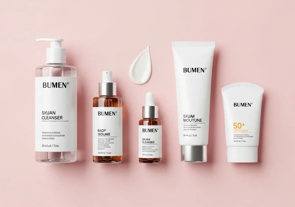 Daily skincare routine steps with cleanser, toner, serum, moisturizer, and sunscreen on a pastel pink background.