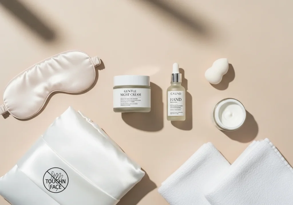 Flatlay of skincare essentials including night cream, serum, and clean pillowcase illustrating expert tips for maintaining healthy skin.