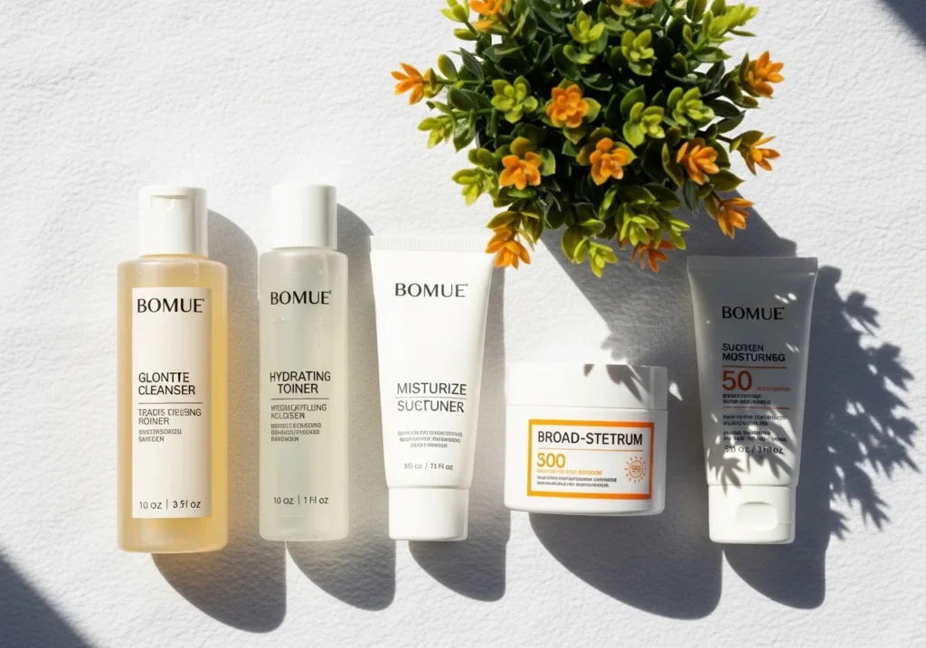 Flatlay of beginner skincare essentials including cleanser, toner, moisturizer, and sunscreen with a small plant, representing a simple and effective skincare routine.