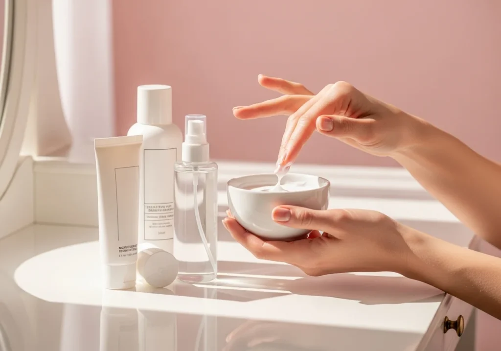 Hands applying morning skincare products—cleanser, toner, moisturizer, and sunscreen—on a vanity with a soft pink background.