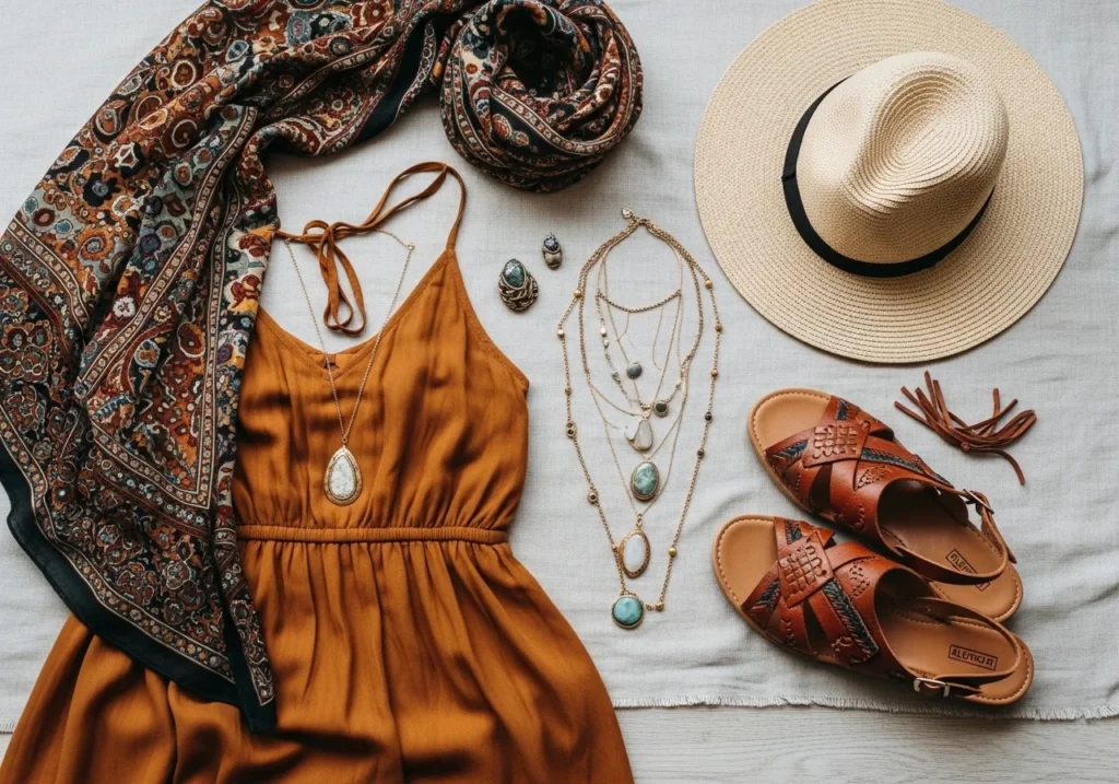 Flatlay of boho fashion items including maxi dress, scarf, layered jewelry, straw hat, and sandals in warm earthy tones.
